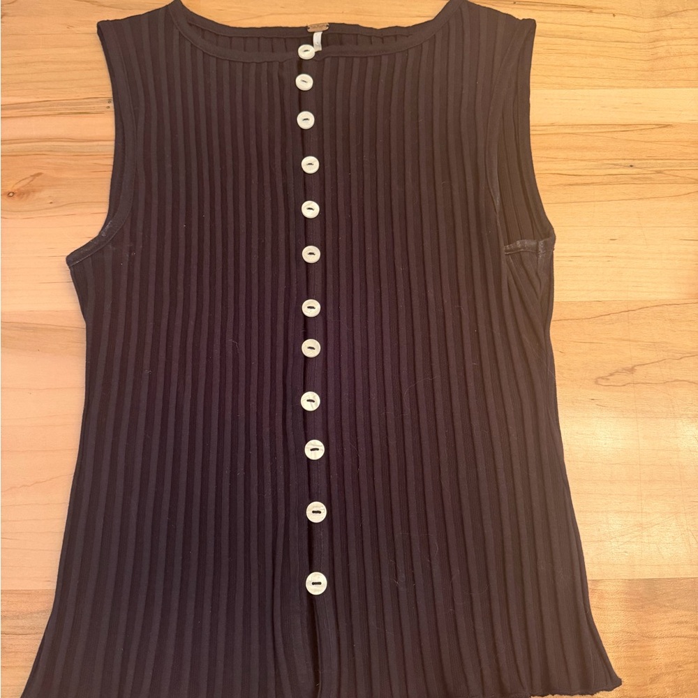 Free People Black Ribbed Sleeveless Button-Front Tank